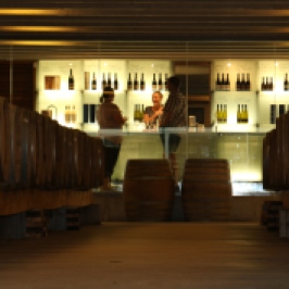 Having fun tasting wine at the Peregrine Wines cellar door in New Zealand.